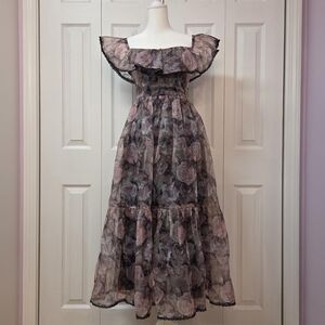 Romantic Fairy Grunge Goth Purple Black Maxi Floral Ball Gown Dress; Cider, XXS